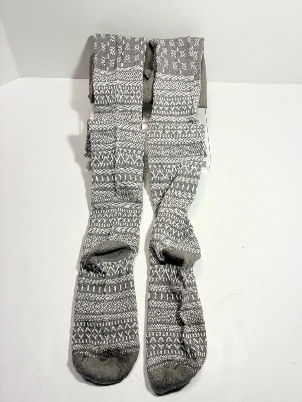 Y2K Fair Isle Thick Knit Tights Gray White Size M/L